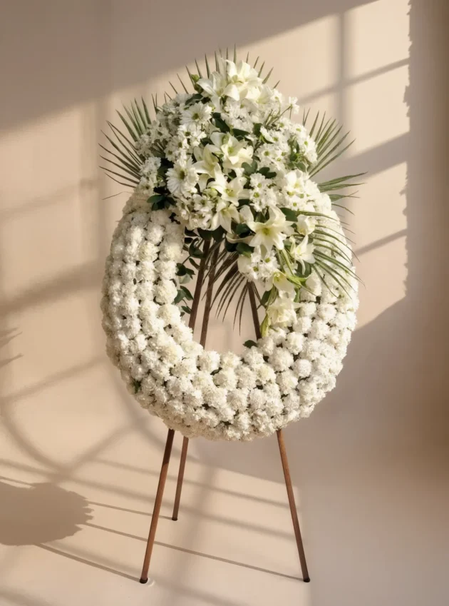 Corona Blanca con Lirios y Rosas de 1 Cabezal