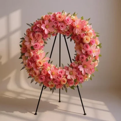 Corona Rosa con Rosas y Flores Silvestres