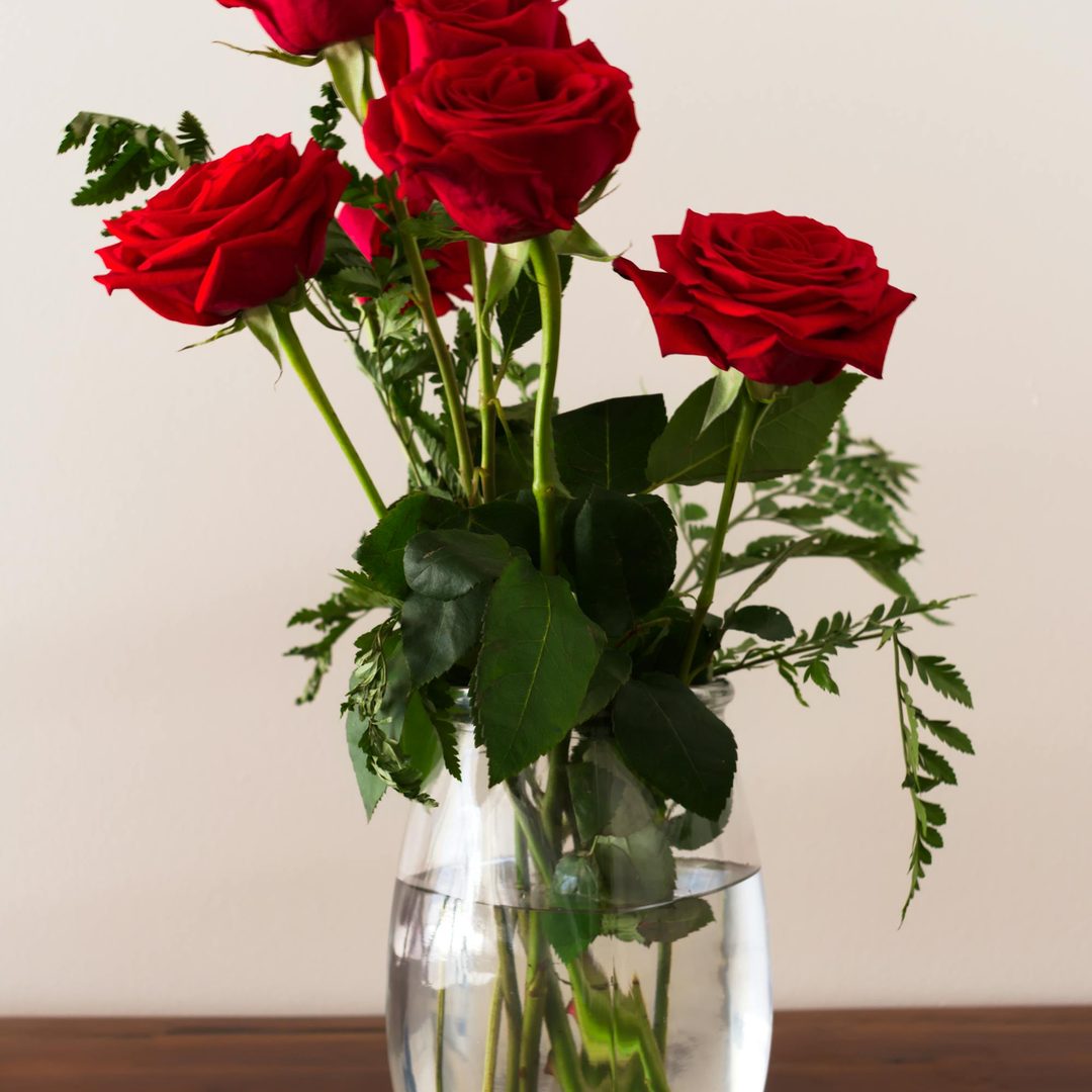 Rosas rojas frescas en jarrón de cristal, variedades premium disponibles en Antea Flora Valencia